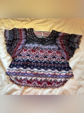 Ny Collection Navy and Burgundy Floral Mesh Yoke Blouse